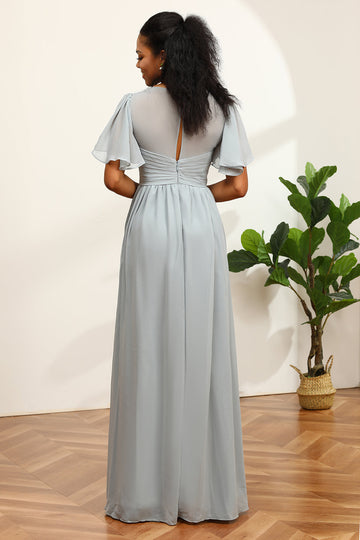 Vestido de dama de honor gris cuello en V